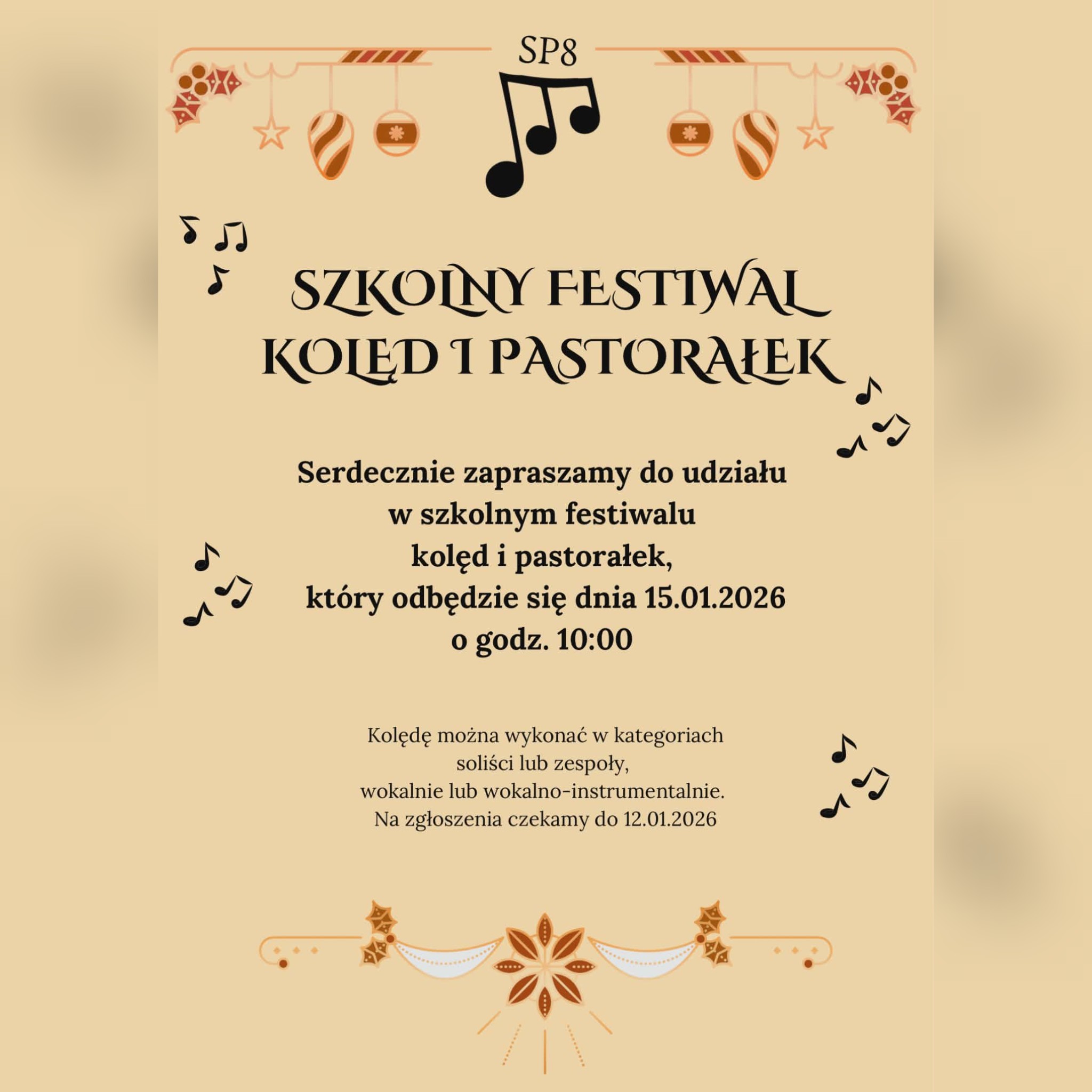 Plakat informacyjny - Szkolny Festiwal Kolęd i Pastorałek