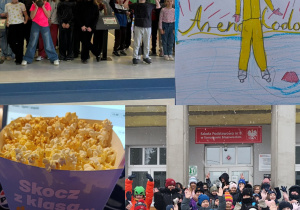 Cztery ujęcia pokazujące aktywności dzieci: wspólne zdjęcie z wycieczki, rysunek z lodowiska „Arena Lodowa”, popcorn z kina oraz grupa uczniów przed szkołą w zimowej scenerii.