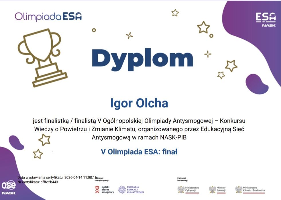 Dyplom dla Igora Olchy, finalisty V Og&oacute;lnopolskiej Olimpiady Antysmogowej 2026