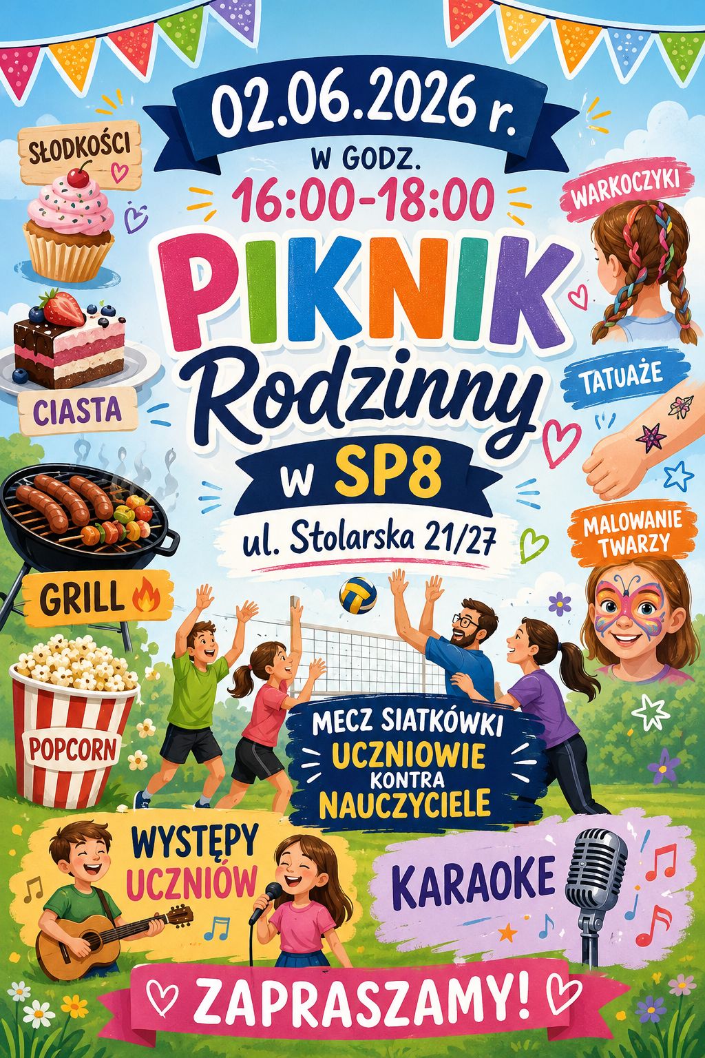 Plakat informujący o pikniku rodzinnym w SP 8