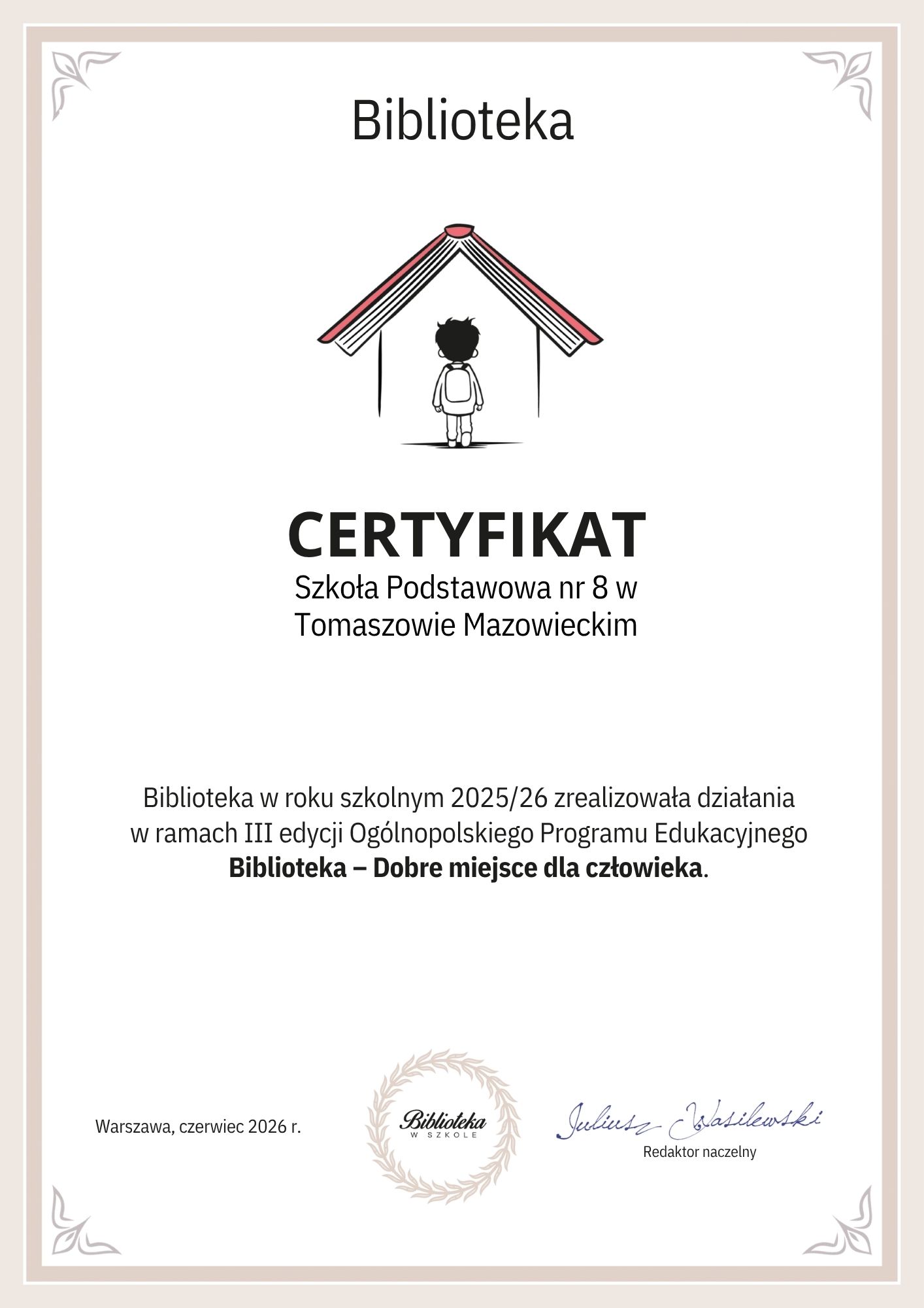 Certyfikat - biblioteka dobre miejsce dla człowieka