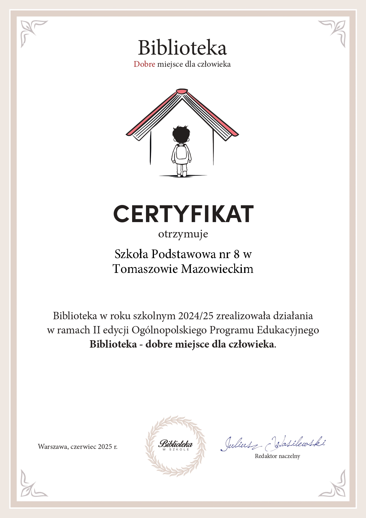 Certyfikat biblioteka szkolna
