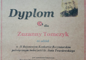 II Rejonowy Konkurs Recytatorski poświęcony twórczości ks. Jana Twardowskiego - dyplom