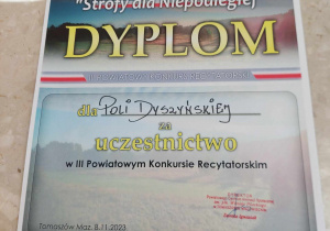 III Powiatowy Konkurs Recytatorski STROFY DLA NIEPODLEGŁEJ - dyplom