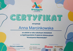 Ogólnopolski Projekt Edukacyjny ,,Kreatywna Matematyka"- Certyfikat