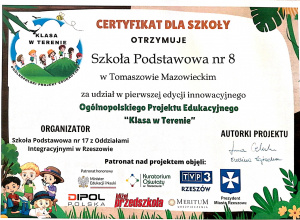 Dyplomy za udział w Ogólnopolskim Projekcie Edukacyjnym „Klasa w terenie”