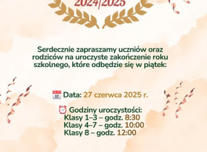 Harmonogram zakończenia Roku Szkolnego 2024/2025