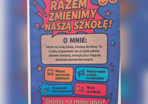 Plakat wyborczy kandydatki do Samorządu Uczniowskiego na rok szkolny 2025/2026