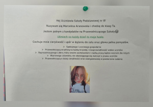 Plakat wyborczy kandydatki do Samorządu Uczniowskiego na rok szkolny 2025/2026