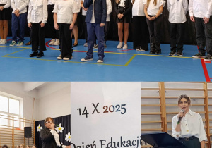 Uczniowie podczas występu z okazji Dnia Edukacji Narodowej. Przemówienie Pani Dyrektor.