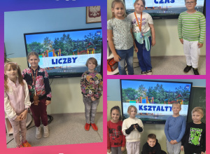 Uczniowie klasy III b stoją na tle monitora interaktywnego z napisami: czas, liczby, kształty.