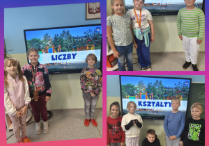 Uczniowie klasy III b stoją na tle monitora interaktywnego z napisami: czas, liczby, kształty.