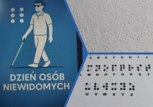 Plansza związana z Międzynarodowym Dniem Niewidomych: grafika osoby z białą laską, z napisem „Dzień Osób Niewidomych”, zdjęcie tekstu w alfabecie Braille’a oraz edukacyjną tablicę z alfabetem Braille’a.