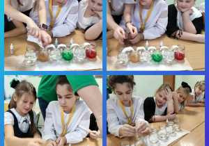 Dzieci wykonują doświadczenie z wykorzystaniem słoików, wody i barwników. Uczniowie obserwują zmiany zachodzące w wodzie i wspólnie analizują wyniki eksperymentu.