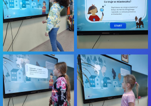 Dzieci uczestniczące w zajęciach edukacyjnych przy interaktywnej tablicy. Uczniowie pracują z materiałem „Patrol Smogowy”, poznając źródła smogu i zasady dbania o czyste powietrze.