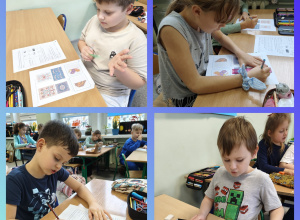 Uczniowie klasy III b, podczas pracy nad zadaniami programu edukacyjnego Natalka i Antek w świecie wielkiej matematyki.