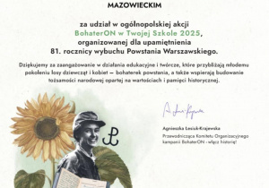 Dyplom dla uczniów Szkoły Podstawowej nr 8 za udział w ogólnopolskiej akcji edukacyjnej BohaterON w Twojej Szkole