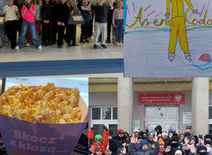 Cztery ujęcia pokazujące aktywności dzieci: wspólne zdjęcie z wycieczki, rysunek z lodowiska „Arena Lodowa”, popcorn z kina oraz grupa uczniów przed szkołą w zimowej scenerii.