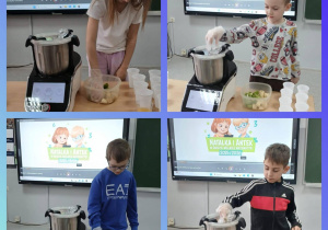 Uczniowie przygotowują sałatki owocowe.