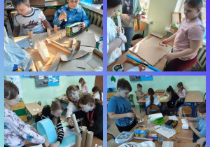 Uczniowie klasy III b budują i ozdabiają zamki.