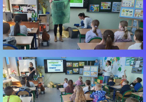 Uczniowie klasy III b podczas spotkania o segregacji odpadów.