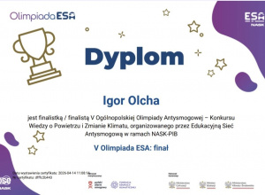 Dyplom dla Igora Olchy, finalisty V Ogólnopolskiej Olimpiady Antysmogowej 2026