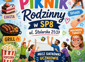 Plakat informujący o pikniku rodzinnym w SP 8