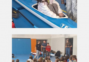 Uczniowie na spotkaniu z przedstawicielami klubu MUKS „WIKING”, którzy zachęcali uczniów do rozwijania sportowych pasji i aktywnego wypoczynku podczas wakacji.
