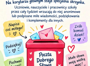Poczta Dobrego Słowa - Plakat zachęca społeczność szkolną do wrzucania do specjalnej skrzynki miłych, anonimowych lub podpisanych wiadomości.