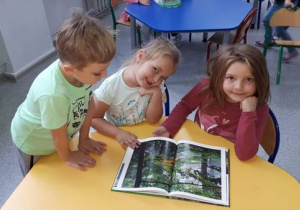 Na zdjęciu troje dzieci ogląda książkę z różnymi gatunkami drzew.