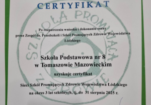 Certyfikat Wojewódzki Szkoły Promującej Zdrowie