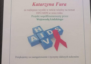 Dyplom za najlepsze wyniki w teście wiedzy na temat HIV/AIDS w 2022 roku.